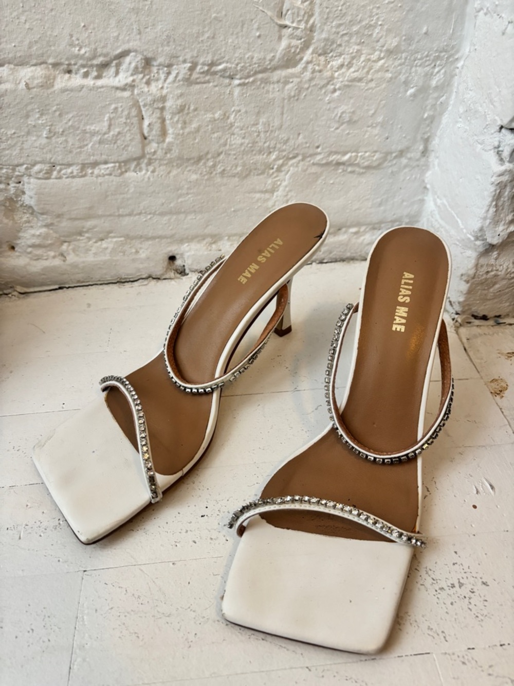 Alias Mae White Crystal-Trim Square-Toe Heeled Sandals